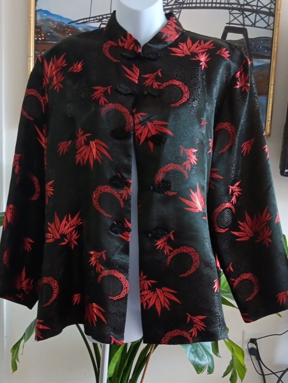 Richness Fashion Black Satin Mandarin Collar Jacket with Red Floral Motif